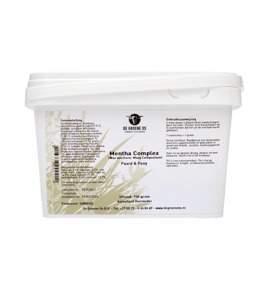De Groene Os Mentha Complex Paard & Pony - 750 Gram 1 De Groene Os Mentha Complex Paard & Pony - 750 Gram